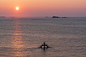 France, Ille et Vilaine, Saint Malo, Bon Secours Beach, diving board and sea water pool at sunset