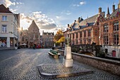 Belgium, Western Flanders, Bruges, historical centre listed as World Heritage by UNESCO, back wall of the Brugse Vrije or the Franc de Bruges Palace and statue of Frank Van Acker