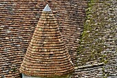 France, Lot, Haut-Quercy, Rocamadour, medieval religious city with its sanctuaries overlooking the Canyon of Alzouet and step of the road to Santiago de Compostela, turreted roof