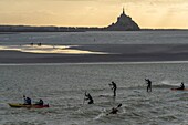 France, Manche, Vains, Pointe du Groin South, tidal bore in the channel of the river Sees, Mont Saint Michel Bay listed as World Heritage by UNESCO, Abbey of Mont Saint Michel