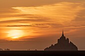 France, Manche (50), Mont Saint-Michel Bay listed as World Heritage by UNESCO, Abbey of Mont Saint-Michel at sunset