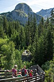 Frankreich, Savoyen, Berg der Vanoise, Pralognan la Vanoise, eine Familie, Großmutter, Mutter, zwei Kinder, die Treppe des hölzernen Aussichtspunktes des Arcelin-Felsens hinunter