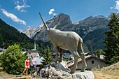 France, Savoie, Mountain of Vanoise, Pralognan la Vanoise, a bronze ibex, emblem of the station dominates the village and the summit of the grand Marchet