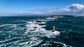 France, Finistere, Iroise Sea, Cap Sizun, Plogoff, Pointe du Raz, Great National Site, the lighthouse of La Vieille and the bacon of La Plate in the tide currents of the Raz de Sein (aerial view)