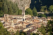 Frankreich, Alpes-de-Haute-Provence, Regionaler Naturpark von Verdon, Castellane, Blick auf die Dächer der Stadt, links der Uhrenturm, der Glockenturm der Kirche Saint Victor und die Kirche Sacré Coeur