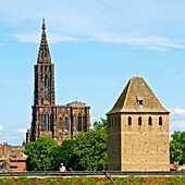 France, Bas Rhin, Strasbourg, old town listed as World Heritage by UNESCO, the Petite France District, Barrage Vauban (Vauban weir), the Covered Bridges over the River Ill and Notre Dame Cathedral