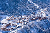 France, Savoie, Maurienne Valley, Modane, Valfrejus ski resort (aerial view)