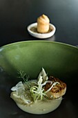 France, Haute-Savoie, Annecy, gourmet dish with fennel from three-star chef Laurent Petit in the restaurant Le Clos des Sens