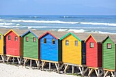 South Africa, Western Cape, Colorful Beach Huts from Muizenberg Beach in Cape Town