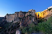 Spain, Andalusia, Malaga Province, Ronda, white villages road (Ruta de los Pueblos Blancos), perched village on a rocky spur and the Puente Nuevo (New Bridge)