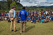 Papua New Guinea, Southern Highlands Province, Mendi, Mubi village, along with IOM officials, the UN Resident Coordinator Gianluca Rampolla visits Mubi community in the Southern Highlands province impacted by the Feb. 2018 earthquake. IOM provided &#x2018;Build Back Safer' shelter training for community volunteers