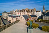 France, Ille et Vilaine, Cote d'Emeraude (Emerald Coast), Saint Malo, the walled city, statue of the privateer Robert Surcouf made by the sculptor Alfred Caravaniez at the end of the XIXth century on the ramparts of the garden of the place du Québec (aerial view)