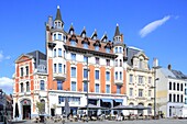 France, Pas de Calais, Bethune, Grand Place, facades of the 1920s with the Hotel Le Vieux Beffroi