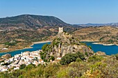 Spain, Andalusia, Cadix province, Zahara de la Sierra, Sierra de Grazalema Natural Parc, general view of the village, Ruta de los Pueblos Blancos (white villages road), San Juan de Letran chapel and the medieval tower above the village and the lake of Zahara-el Gastor dam