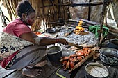 Indonesia, Papua, Asmat district, Per village, pole ceremony, Woman preparing crabs