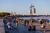 France, Gironde, Bordeaux, area listed as World Heritage by UNESCO, Quai de la Douane, in the background the towers of the Saint-Louis des Chartrons church