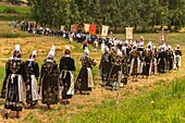 France, Finistère (29), Cornwall, Locronan, The Great Procession of Locronan is one of the greatest pardons of Brittany which takes place only every 6 years, the route is lined with huts housing the Saints, the procession is done in traditional costumes