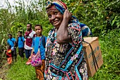 Papua New Guinea, Southern Highlands Province, Lake Kutubu, people are carring UNICEF Family Hygiene and Dignity kits