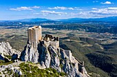 France, Aude, cathare castle of Quéribus, from a drone machine