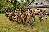 Papua New Guinea, East Sepik Province, Sepik River Region, Chambri Lake, Wombun Village, traditionnal sing-sing group dancing in front of House of Spirits (Haustambaran) named Walindimi