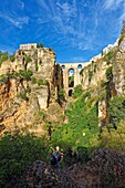 Spain, Andalusia, Malaga Province, Ronda, white villages road (Ruta de los Pueblos Blancos), perched village on a rocky spur and the Puente Nuevo (New Bridge)