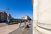 France, Gironde, Bordeaux, area classified as World Heritage by UNESCO, the Golden Triangle, Quinconces district, Place de la Comédie, TBM network tram in front of the Grand-Théâtre, built by architect Victor Louis from 1773 to 178