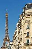 France, Paris, the riverbanks of the Seine river listed as World Heritage by UNESCO, facades of apartment buildings in Quai de Grenelle and the Eiffel tower