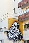 France, Paris, mural on the facade of an apartment building called Mere et Enfant (Mother and Child) located in Rue Jean Sebastien Bach by C215