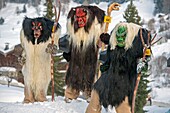 Switzerland, Valais, Lotschental valley, Wiler, Tschaggatta Carnival, costumes are made from animal skins, wooden masks and horse hair