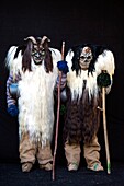 Switzerland, Valais, Lotschental valley, Wiler, Tschaggatta Carnival, costumes are made from animal skins, wooden masks and horse hair