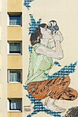 France, Paris, mural on the facade of an apartment building located in Rue Jeanne d'Arc by street artists Jana and Js under the name of JanaundJs