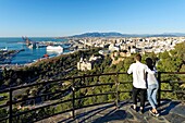 Spanien, Andalusien, Costa del Sol, Malaga, Gesamtansicht mit dem Hafen, dem Rathaus, der Kathedrale und der Alcazaba