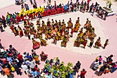 Papua New Guinea, National Capitale district, Port Moresby, Ela Beach District, Hiri Moale Festival held every year mid-September, traditionnal Motu and Koitabu tradtionnal dancers (Aerial view)