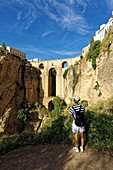 Spain, Andalusia, Malaga Province, Ronda, white villages road (Ruta de los Pueblos Blancos), perched village on a rocky spur and the Puente Nuevo (New Bridge)