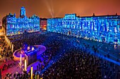 France, Rhone, Lyon, the Presqu'ile, historical site listed as World Heritage by UNESCO, Place des Terreaux, City Hall and the Palais des Beaux Arts during the Fete des Lumieres (Light Festival), show a little story of light of Spectaculaires and the Allumeurs d'Images