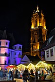 France, Bas Rhin, Selestat, Place Kubler, tower of Saint Georges church, Hotel d Ebersmunster dated 1541, Christmas market