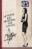 France, Paris, street art, writting and mural by street artist Miss.Tic on a facade in rue des Cinq Diamants in Butte aux Cailles district