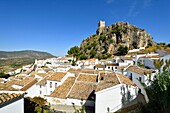 Spain, Andalusia, Cadix province, Zahara de la Sierra, Sierra de Grazalema Natural Parc, general view of the village, Ruta de los Pueblos Blancos (white villages road), San Juan de Letran chapel and the medieval tower above the village