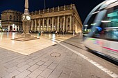 France, Gironde, Bordeaux, area classified as World Heritage by UNESCO, the Golden Triangle, Quinconces district, Place de la Comédie, TBM network tram in front of the Grand-Théâtre, built by architect Victor Louis from 1773 to 178