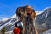 Switzerland, Valais, Lotschental valley, Wiler, Tschaggatta Carnival, costumes are made from animal skins, wooden masks and horse hair