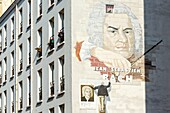 France, Paris, mural representing Jean Sebastien Bach on the facade of an apartment building in Rue Jean Sebastien Bach by artist Fabio Rieti