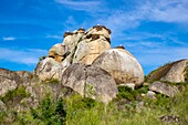 Spanien, Extremadura, Naturdenkmal Los Barruecos, Granitfelsen und Nester von Weißstörchen