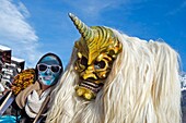 Switzerland, Valais, Lotschental valley, Wiler, Tschaggatta Carnival, costumes are made from animal skins, wooden masks and horse hair