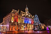 France, Indre et Loire, Loire valley listed as World Heritage by UNESCO, Tours, tricolor town hall in Christmas after the attacks of 2015