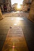 France, Gironde, Bordeaux, area listed as World Heritage by UNESCO, Saint-Pierre district, under the Porte Cailhau or Porte du Palais, nameplate of the Way of Saint-Jacques-de-Compostelle