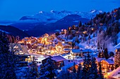 France, Savoie, Tarentaise valley, Meribel in the heart of Les Trois Vallees (The Three Valleys), Vanoise Massif, La Chaudanne with a view of the Mont Jovet (2558m), Tarentaise valley