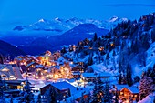 France, Savoie, Tarentaise valley, Meribel in the heart of Les Trois Vallees (The Three Valleys), Vanoise Massif, La Chaudanne with a view of the Mont Jovet (2558m), Tarentaise valley