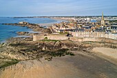 France, Ille et Vilaine, Cote d'Emeraude (Emerald Coast), Saint Malo, the walled city with the Bidouane Tower on the left and Bon Secours beach in the foreground (aerial view)