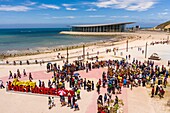 Papua New Guinea, National Capitale district, Port Moresby, Ela Beach District, Hiri Moale Festival held every year mid-September, traditionnal Motu and Koitabu tradtionnal dancers (Aerial view)