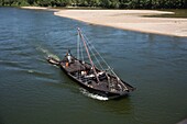 France, Indre et Loire, Loire valley listed as World Heritage by UNESCO, Tours, the Loire in Tours, traditional Loire boat going up the river